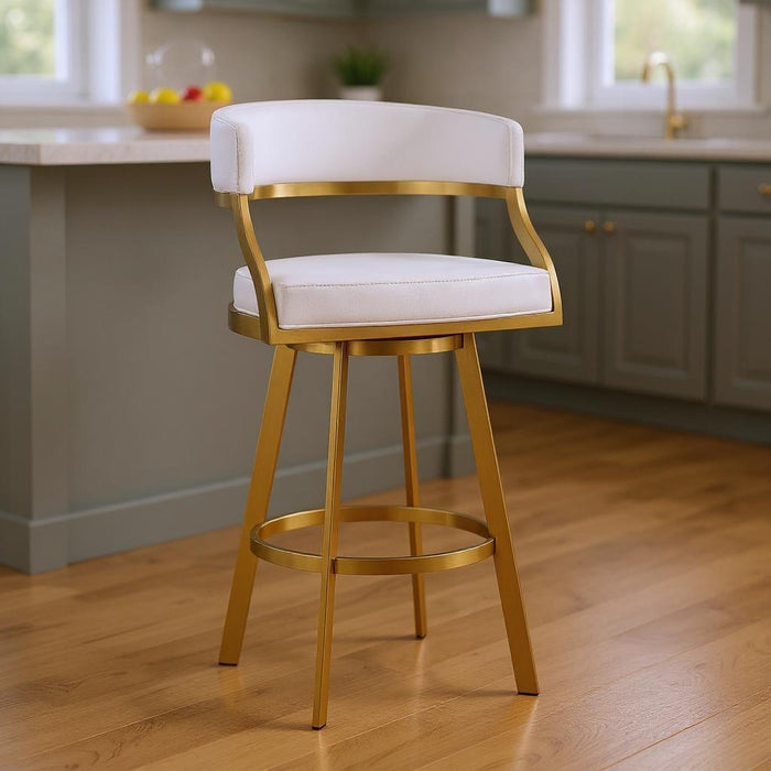 26" Faux Leather And Stainless Steel Low Back Counter Height Swivel Bar Chair - Gold / White