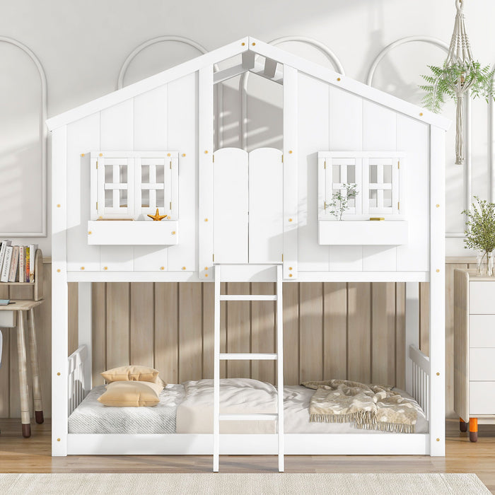 Giga house bunk bed with roof, window, window box, door, safety guardrails, and ladder for children’s bedroom.