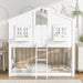 Giga house bunk bed with roof, window, window box, door, safety guardrails, and ladder for children’s bedroom.