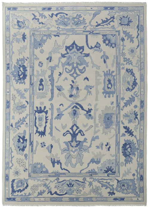 12' X 15' Floral Hand Knotted Area Rug With Fringe - Ivory And Blue