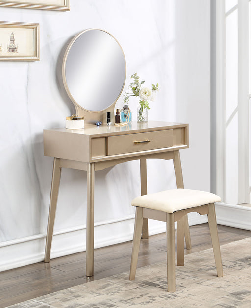 Giga Maly contemporary wood vanity and stool set with gold finish, featuring a sleek, modern design and matching upholstered stool.