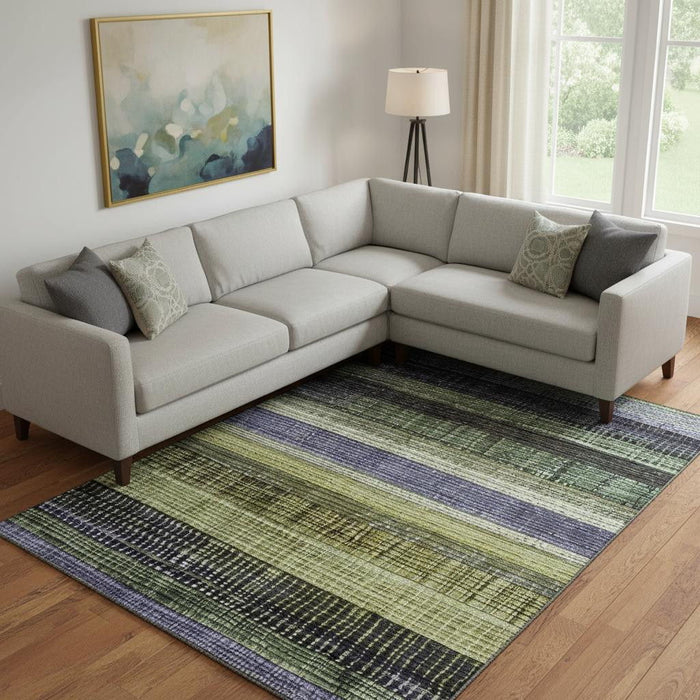 10' X 14' Striped Washable Area Rug With UV Protection (706445) - Artichoke Green / Purple
