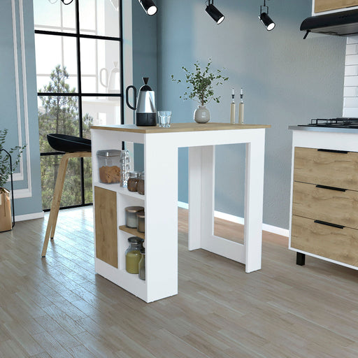 Giga white kitchen island with open side shelves and a push-to-open cabinet, featuring a modern design and storage for kitchen essentials.