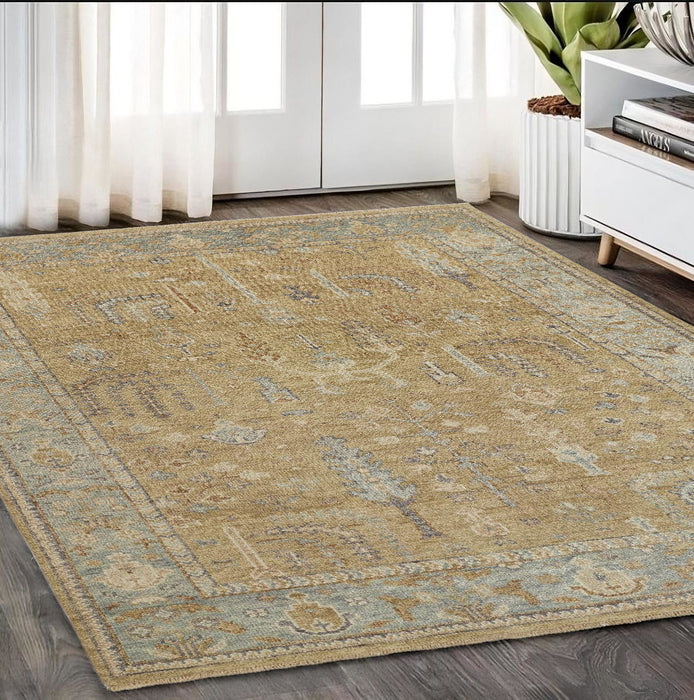 5' x 8' Wool Floral Hand Knotted Stain Resistant Area Rug With Fringe - Gold Blue And Gray