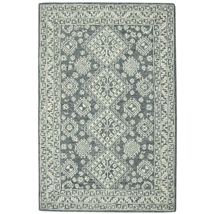 8' X 10' Wool Oriental Hand Hooked Area Rug - Slate Gray And Ivory