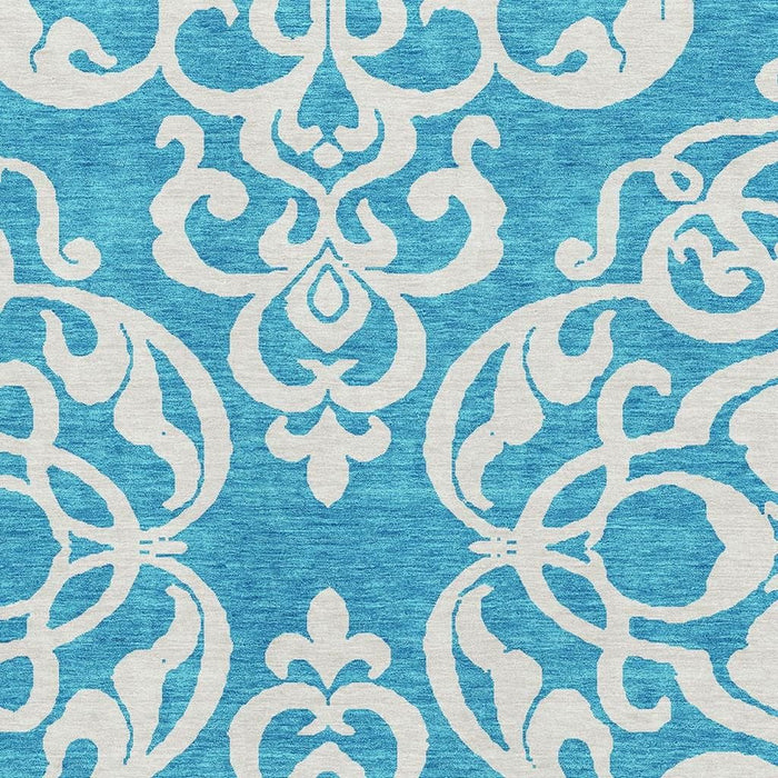10' X 14' Damask Washable Area Rug With UV Protection (676962) - Turquoise / Ivory
