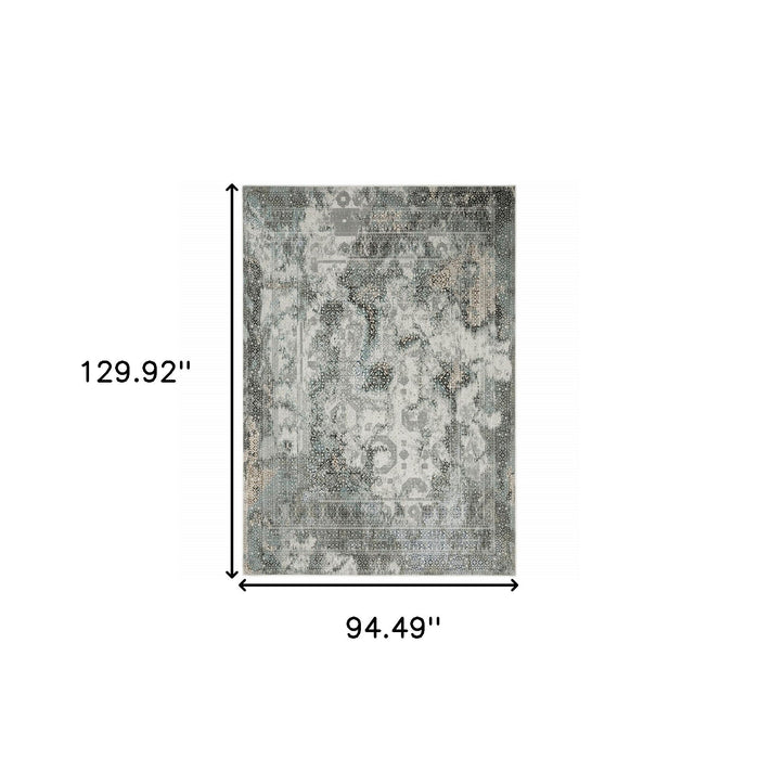 8' x 11' Oriental Power Loom Stain Resistant Area Rug - Ivory Gray Charcoal Blue And Rust