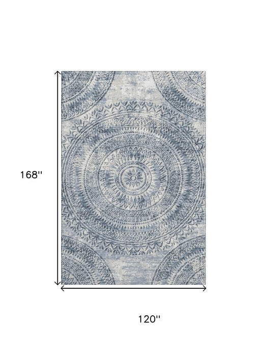 10' X 14' Medallion Washable Area Rug With UV Protection (644910) - Blue / Ivory