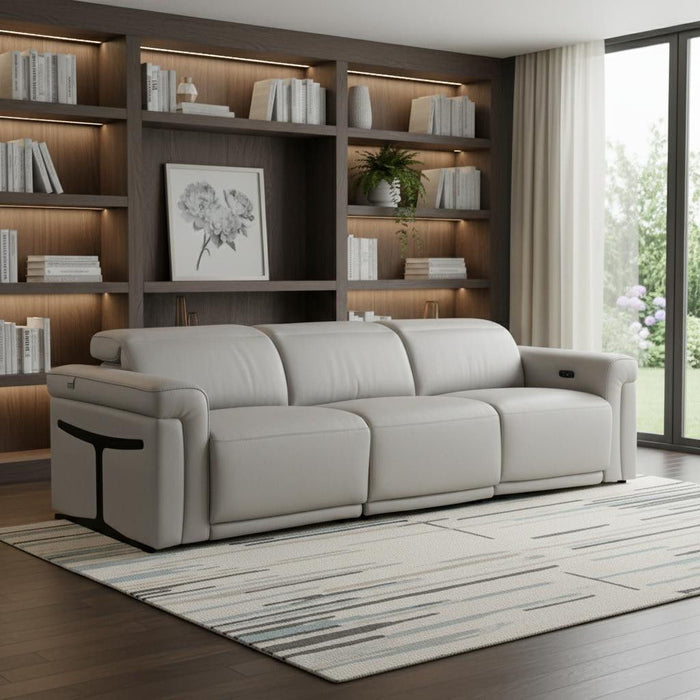 Top Grain Leather Reclining Metal USB Sofa (720360) - Light Gray