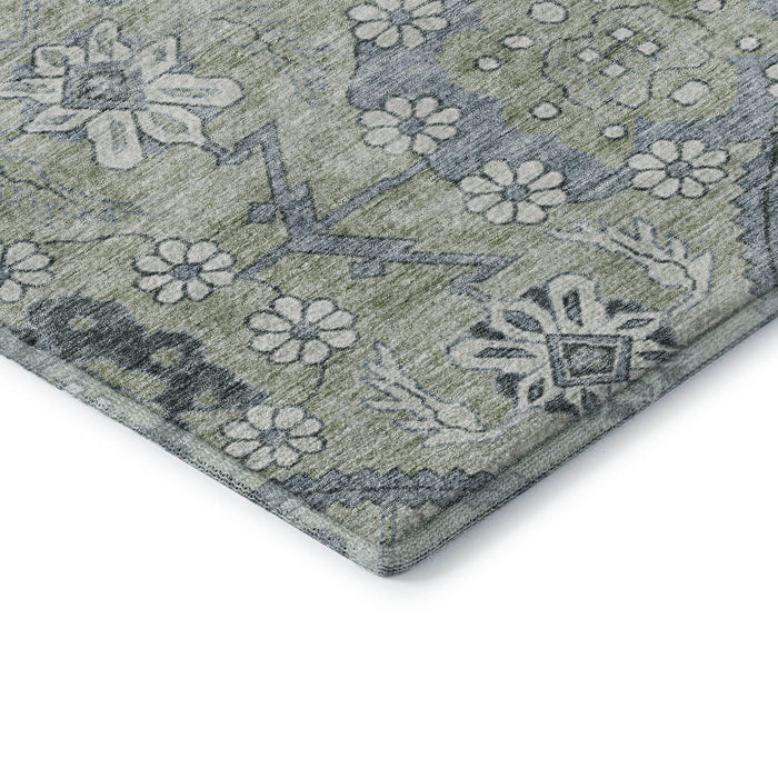10' X 14' Floral Washable Area Rug With UV Protection (667204) - Artichoke Green / Gray