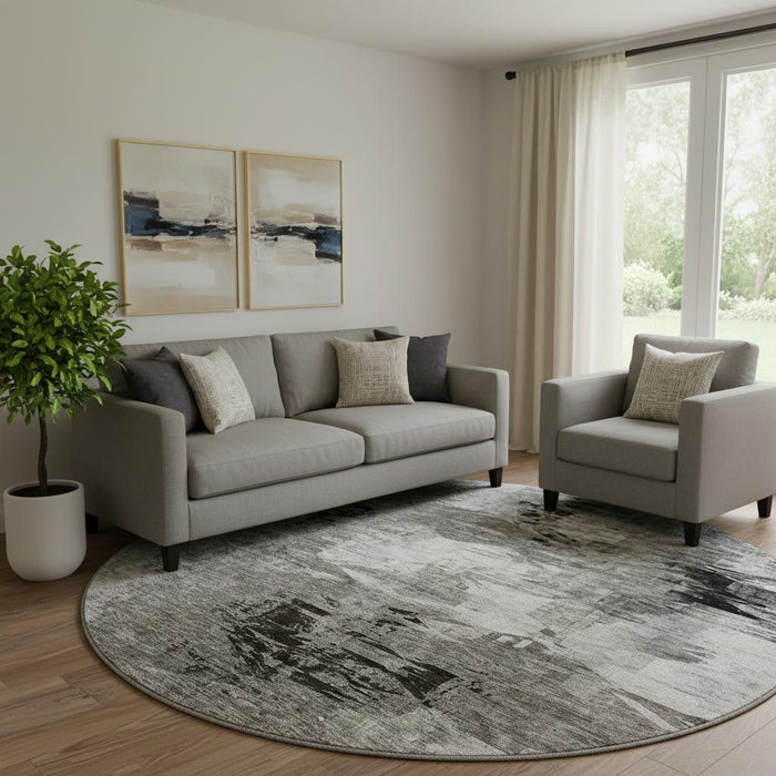 8' Abstract Washable Round Rug With UV Protection (650773) - Taupe / Ivory