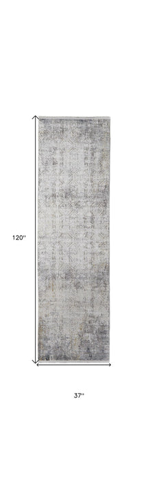 10' Abstract Power Loom Distressed Runner Rug With Fringe - Ivory