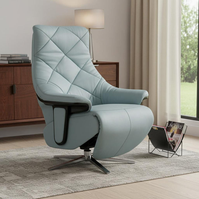 Tufted Genuine Leather Power Swivel Recliner - Baby Blue