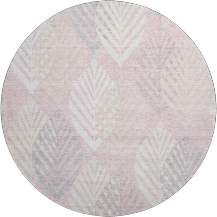8' Floral Washable Round Rug With UV Protection - Pink