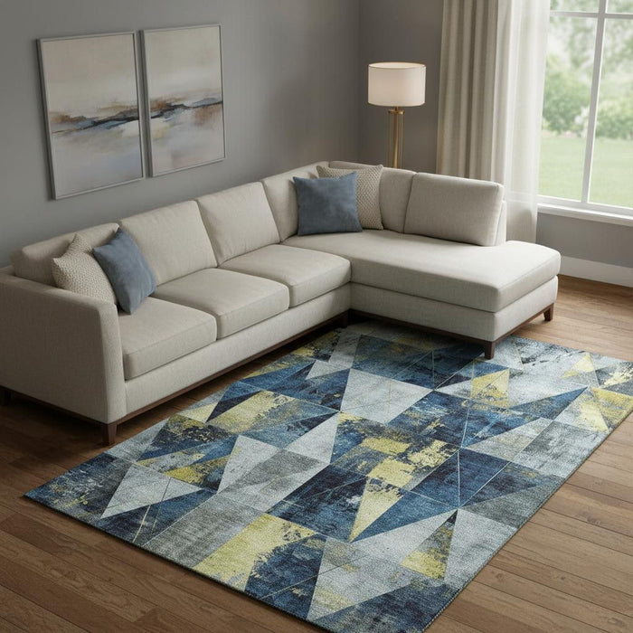 10' X 14' Geometric Washable Area Rug With UV Protection (706987) - Navy Blue / Gold