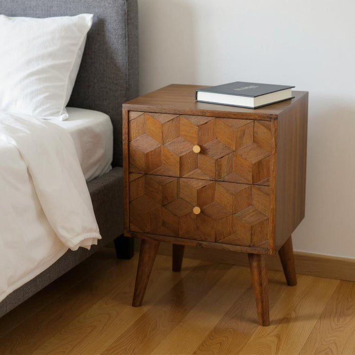22" Solid Wood Carved Geometric Two Drawer Nightstand - Chestnut