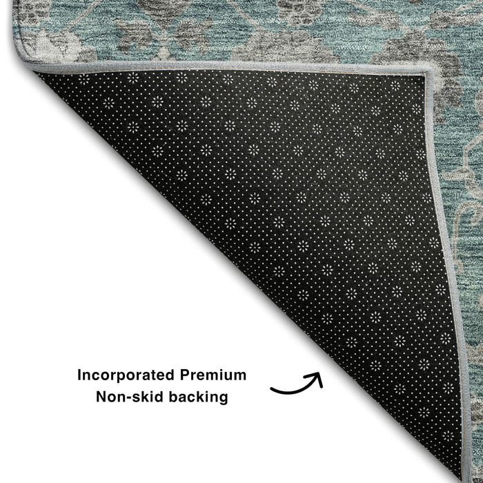 10' X 14' Floral Washable Area Rug With UV Protection (687023) - Teal / Gray / Silver