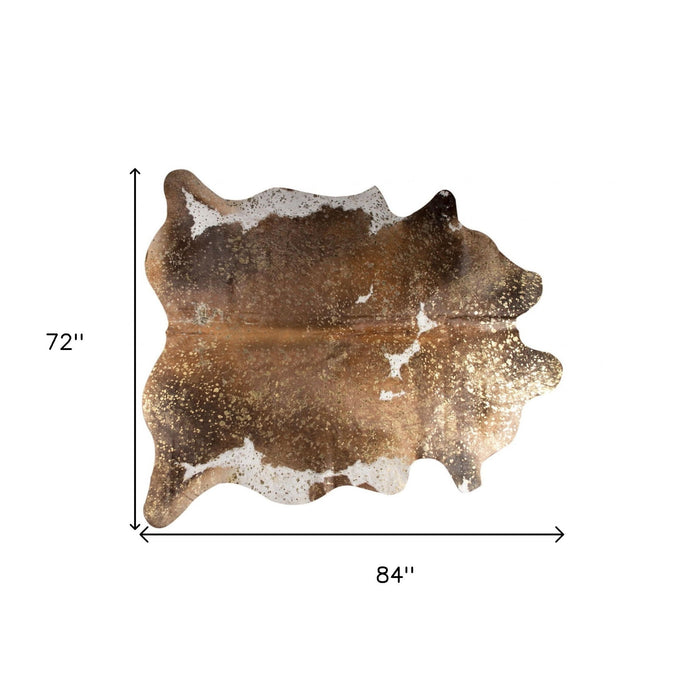 6' x 7' Natural Cowhide Area Rug - Brown White And Gold