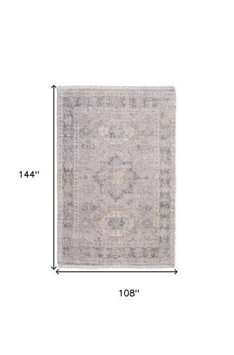 9' X 12' Oriental Hand Woven Distressed Area Rug With Fringe - Tan And Gray
