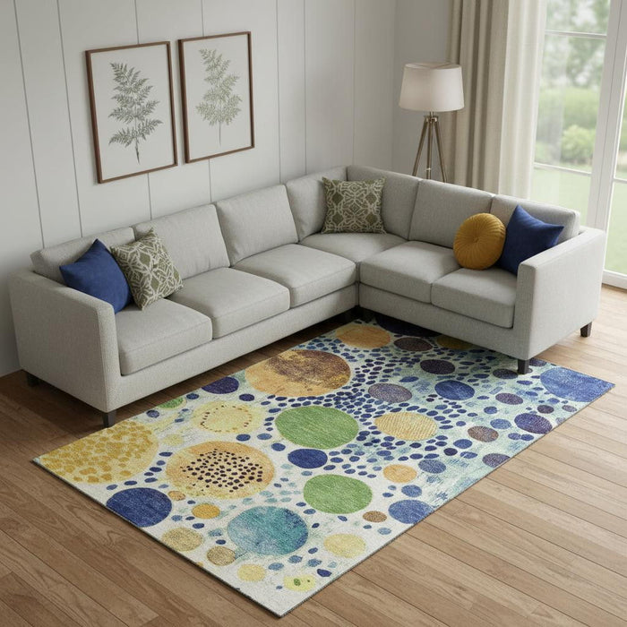 10' X 14' Geometric Washable Area Rug With UV Protection (707275) - Navy Blue / Yellow / Green