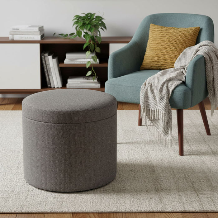 Faux Leather Round Storage Ottoman - Gray