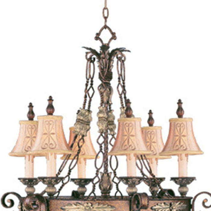 HomeRoots 39-inch bronze and cream metal chandelier with six lights and shades, featuring a dimmable design and elegant style.