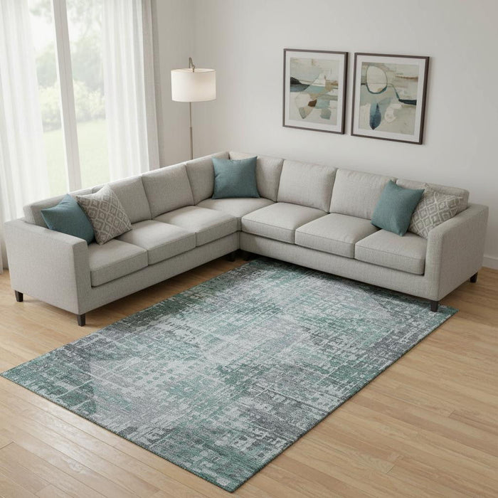 10' X 14' Geometric Washable Area Rug With UV Protection (715021) - Teal / Gray