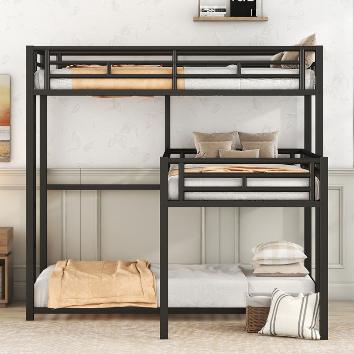 Black Giga L-shaped triple twin size bunk bed with industrial design, integrated ladder, and full-length guardrails visible in the image.
