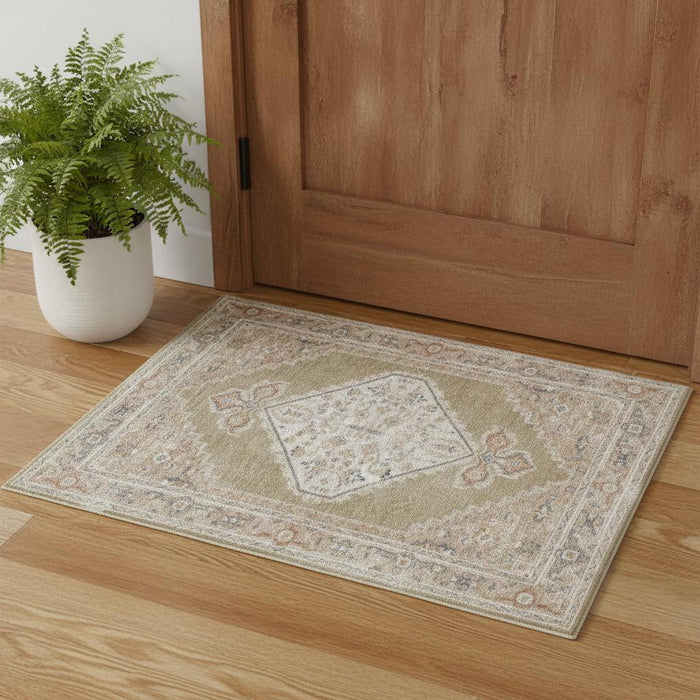 2' X 4' Floral Medallion Power Loom Distressed Washable Area Rug (546930) - Green / Ivory