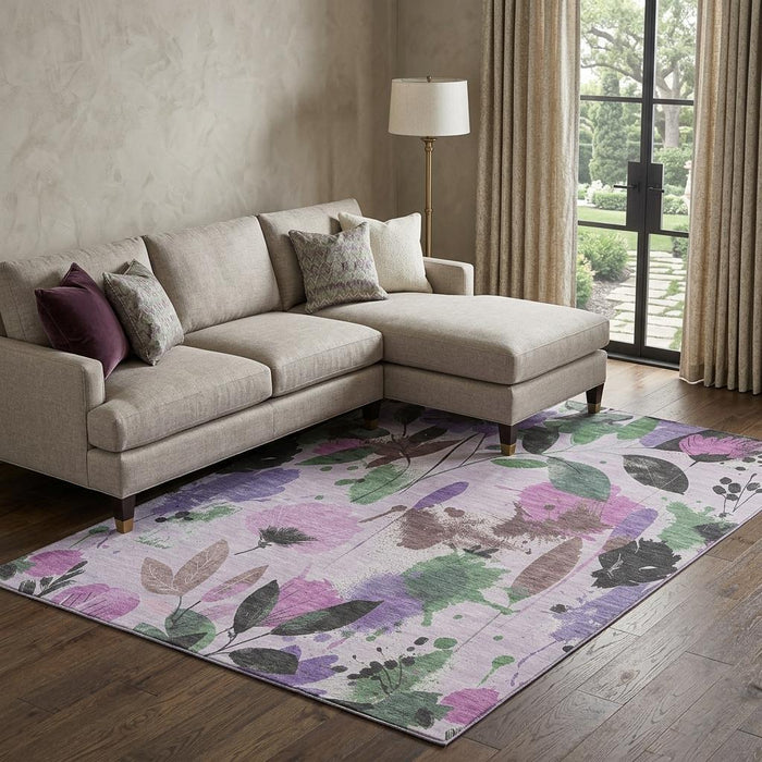 10' X 14' Floral Washable Area Rug With UV Protection (694376) - Lavender / Green / Mauve