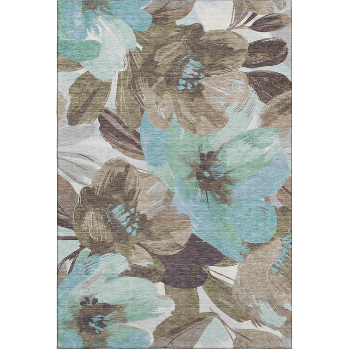 10' X 14' Floral Washable Area Rug With UV Protection (693984) - Khaki / Teal / Green