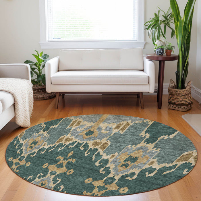 8' Ikat Washable Round Rug With UV Protection - Emerald