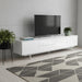 White manufactured wood TV stand with enclosed storage and open shelves, designed by HomeRoots for modern living spaces.