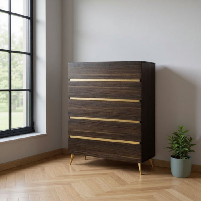 Marble / Solid Wood Stainless Steel Five Drawer Chest - Dark Brown