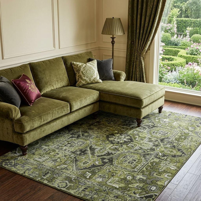10' X 14' Oriental Washable Area Rug With UV Protection (649720) - Olive Green / Gray / Ivory