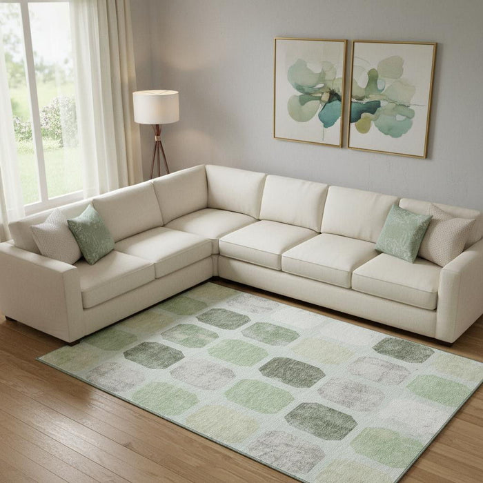 10' X 14' Geometric Washable Area Rug With UV Protection (709186) - Artichoke Green / Gray / Ivory