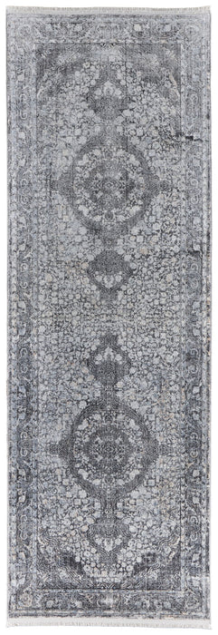 12' Oriental Power Loom Worn Faded Runner Rug - Gray And Silver