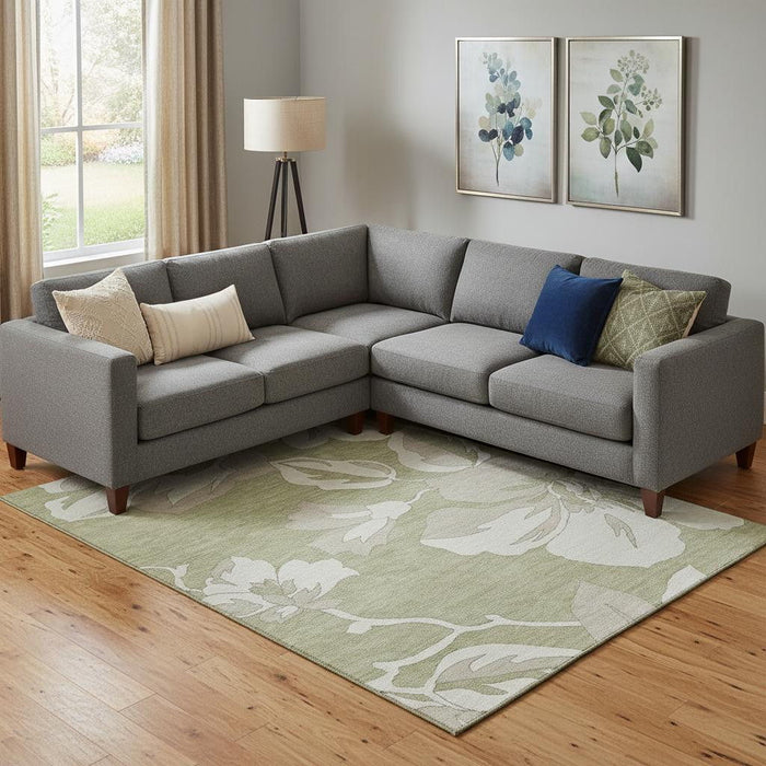 10' X 14' Floral Washable Area Rug With UV Protection (667963) - Artichoke Green / Ivory