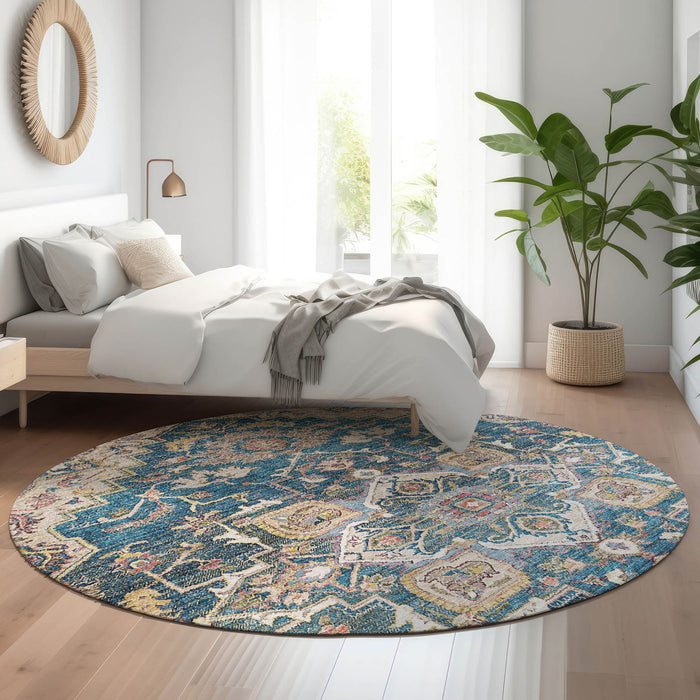 8' Floral Medallion Washable Round Rug With UV Protection - Blue