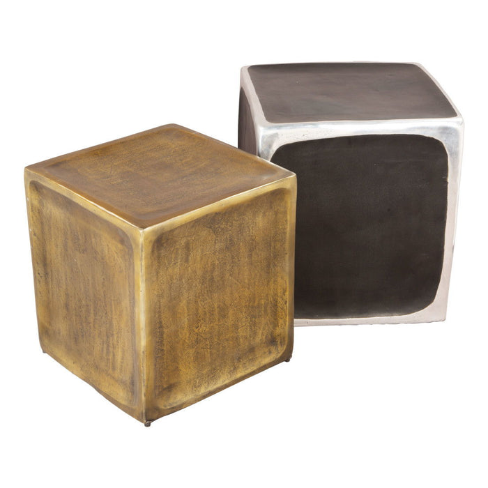 Set of two antiqued aluminum square end tables with brass finish, modern home decor by HomeRoots.
