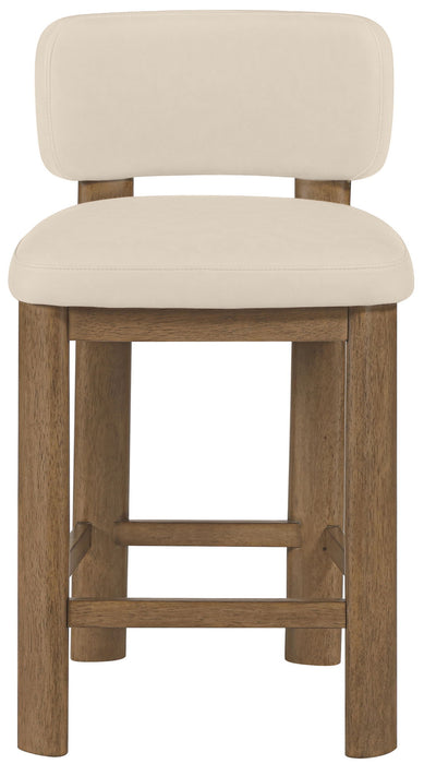 Pair of Meridian Furniture Paloma faux leather counter stools with brown frames, upholstered seating, and modern design.