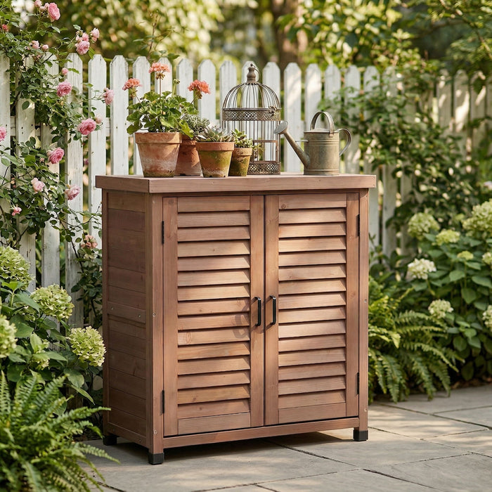 Giga potting bench with storage cabinet and metal tabletop, outdoor gardening table with workspace and storage compartments.