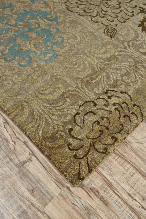9' X 13' Floral Hand Knotted Area Rug (744416) - Tan / Brown / Blue