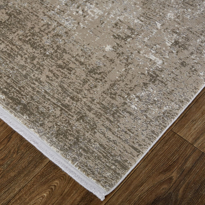 10' x 13' Abstract Power Loom Distressed Area Rug With Fringe - Tan Ivory And Gray