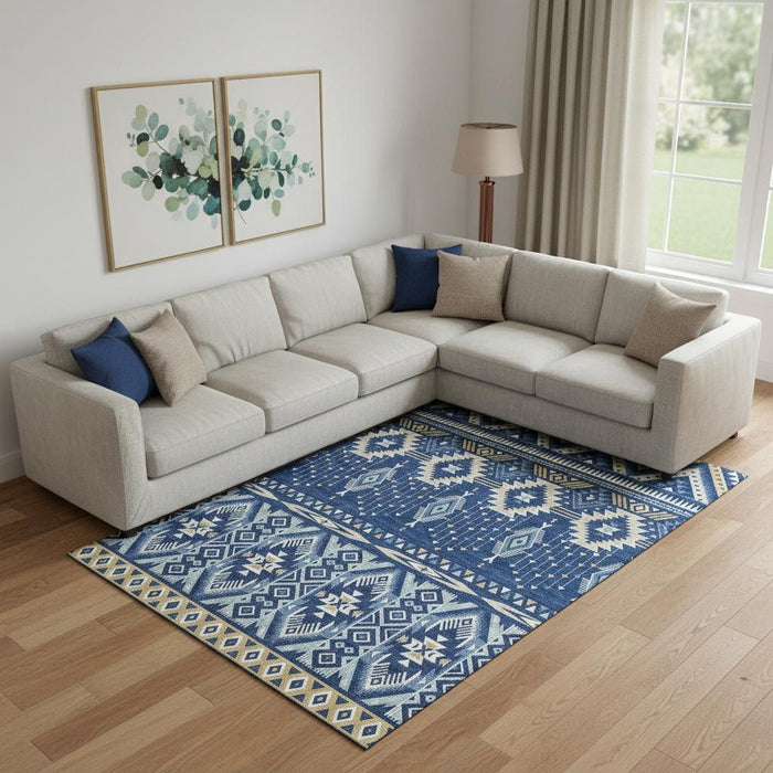 10' X 14' Tribal Washable Area Rug With UV Protection (705773) - Navy Blue / Beige
