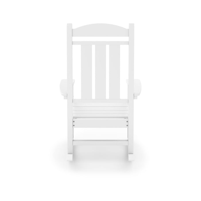 Giga traditional porch rocker chair made of HDPE poly lumber, ideal for porch, patio, and garden relaxation.