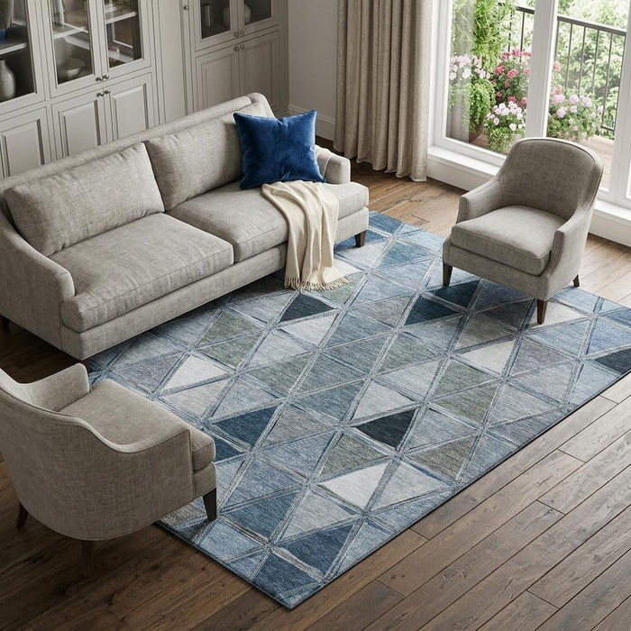 10' X 14' Geometric Washable Area Rug With UV Protection (657623) - Blue / Gray / Ivory