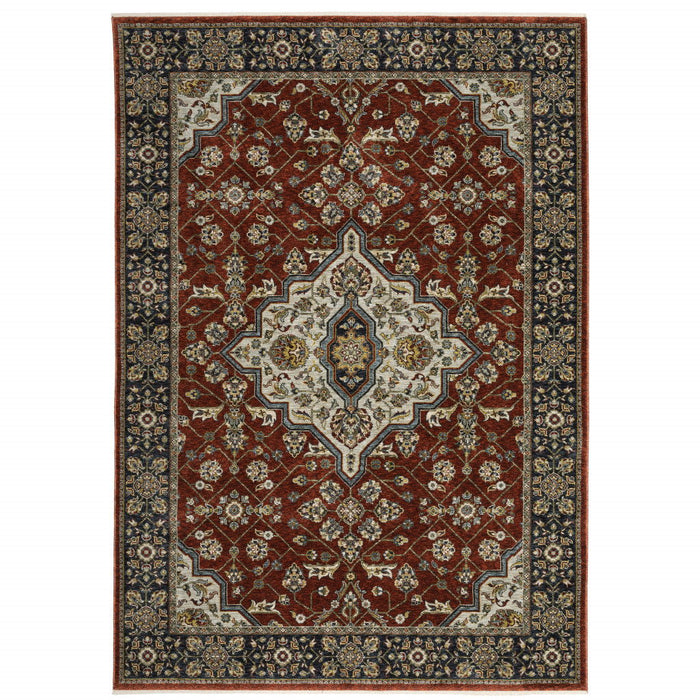 10' x 13' Oriental Power Loom Stain Resistant Area Rug With Fringe - Red Ivory Blue Navy Gold And Gray