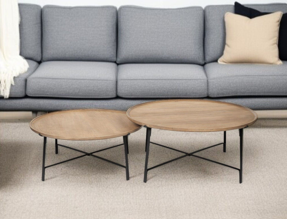 Solid Wood And Iron Round Nested Coffee Tables (Set of 2) - Brown And Black