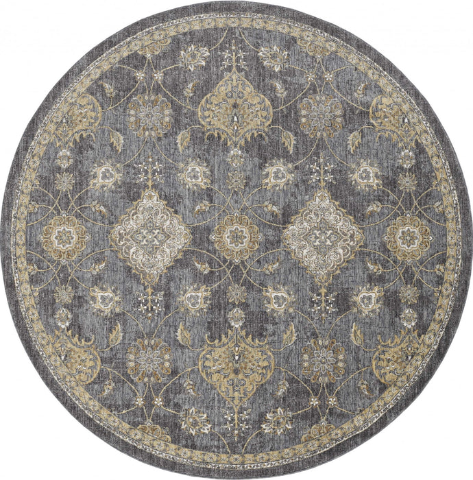 9' Machine Woven Bordered Floral Vines Round Indoor Area Rug - Slate Gray